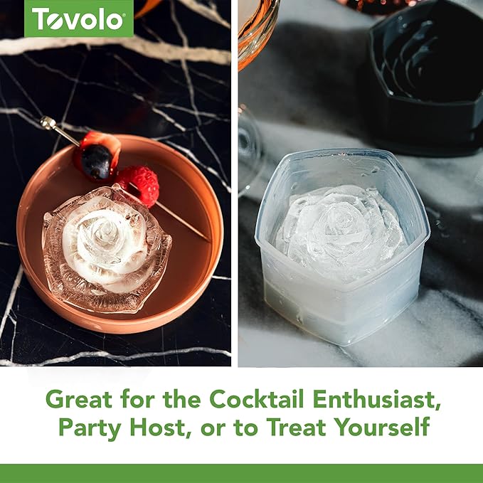Tovolo Rose Ice Cube Mold Pack of 2 Large Craft Ice Molds for Cocktails Mimosas Whiskey Bourbon, Easy Fill No Leak Silicone 3D Rose Shape Ice Cube Romantic Gift for Adults Dishwasher Safe BPA Free