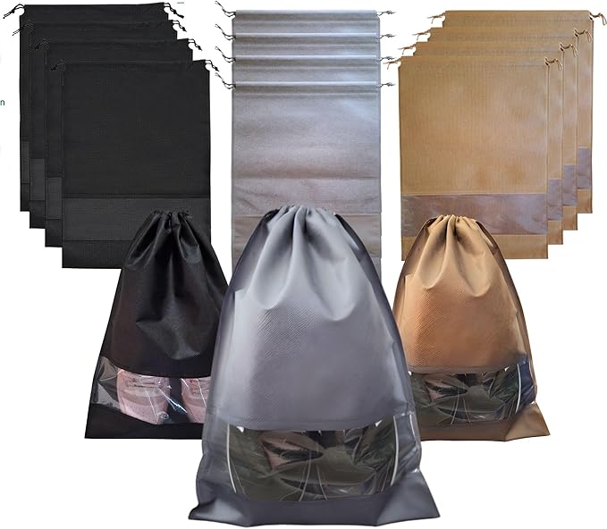 12 PC Shoe Bags for Travel, Packing, Storage, and Suitcases. Reusable Dustproof & Water-Resistant Sneaker Pouch Protectors with Clear Window & Drawstring. Laundry & Toys (Sand, Gray & Black)