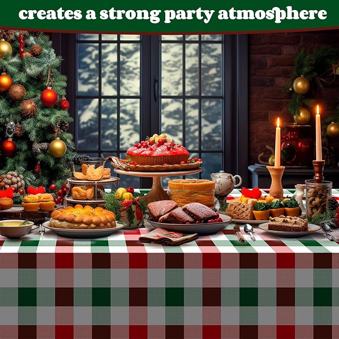 Ganeen 3 Pcs Christmas Buffalo Plaid Tablecloths Disposable Plastic Red and Green Checkered Table Cloths Waterproof Rectangle for Winter Christmas New Year Holiday Party Decor, 54 x 108 Inch