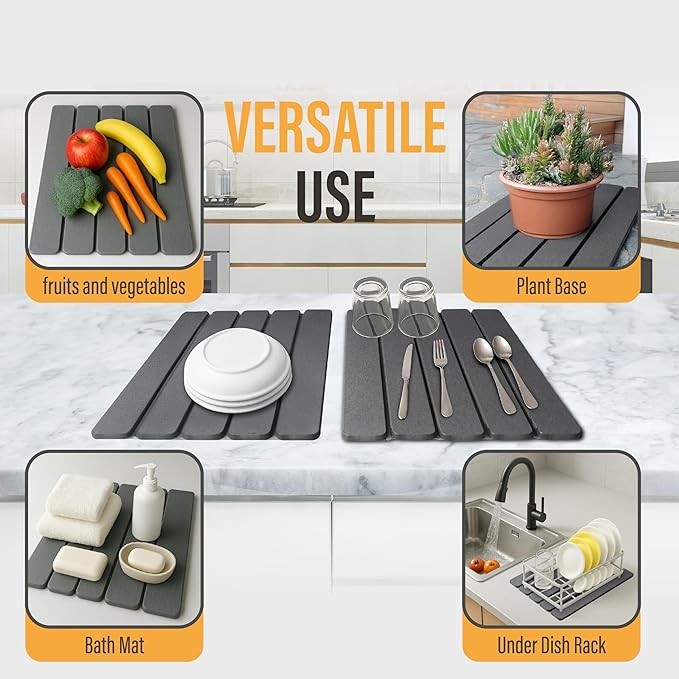 Large Foldable Stone Dish Drying Mat - Diatomaceous Earth, 2 Pack (12"x16" Each) or 24"x16" Combined - Fast Dry, Anti-Slip Pad, Sanding Tool & Instruction Manual for Kitchen and Bathroom, Dark Gray
