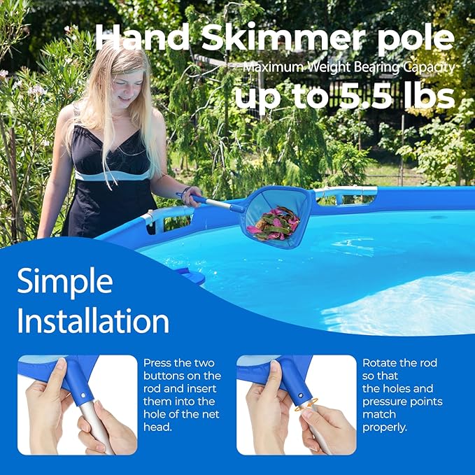 Mowend Swimming Pool Skimmer Net 26.8 inches, Leaf Rake Net with Fine Aluminum Pole for Fast Cleaning Ponds, Hot Tub, and Spas, Pool Cleaner Supplies and Accessories