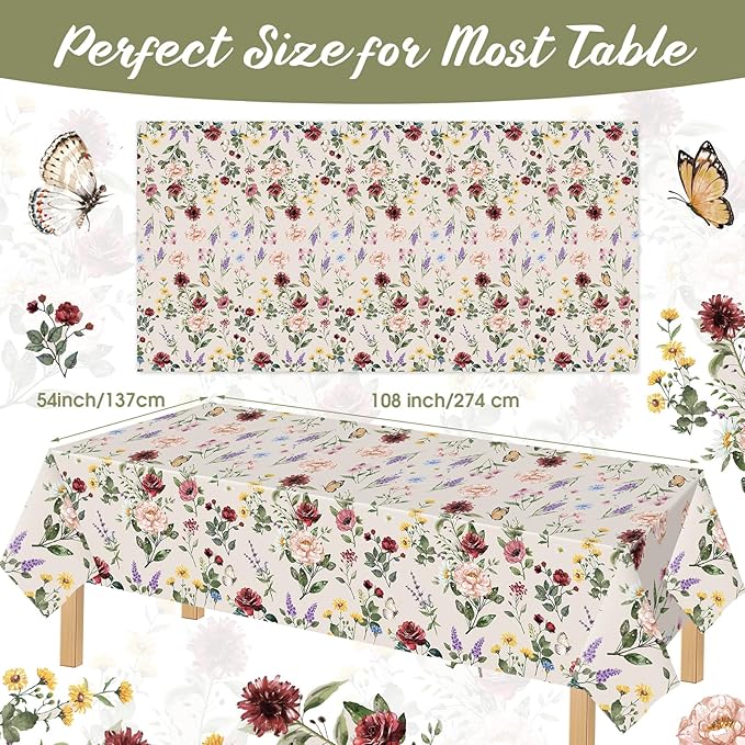 Ganeen 3 Pcs Floral Tablecloth Disposable Plastic Wildflower Table Covers Rectangle Vintage Wildflower Tablecloths for Baby Shower Birthday Wedding Mothers Day Spring Tea Party Decor, 54 x 108 Inch