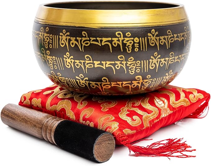Tibetan Singing Bowl Set - 4" Easy To Play Authentic Handmade For Meditation Sound 7 Chakra Healing By Himalayan Bazaar (Black & Red)