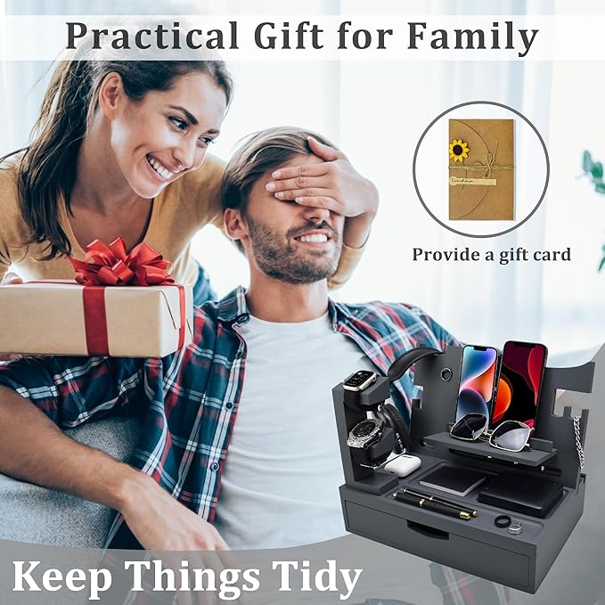 Nightstand Organizer for Men with Large Drawer, Birthday Gifts for Men, Phone Docking Station, Bedside Organizer for Nightstand for Apple Watch, Laptop (Grey, Solid Wood)