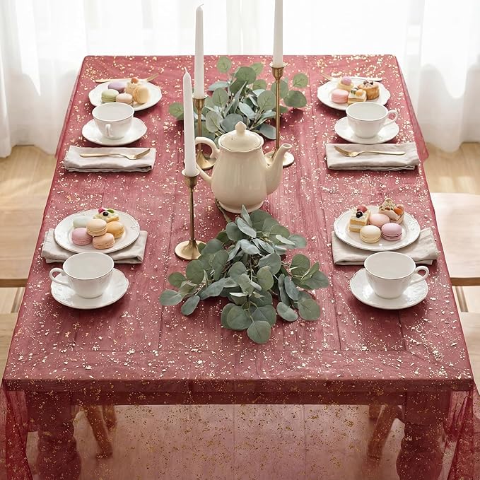 Horaldaily Burgundy Gold Gauze Tablecloth 60x120 Inch Rectangular, Golden Sequin Glitter Metallic Foil, Sheer Tulle Cheesecloth for Wedding Baby Shower Ceremony Birthday