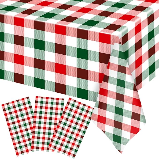 Ganeen 3 Pcs Christmas Buffalo Plaid Tablecloths Disposable Plastic Red and Green Checkered Table Cloths Waterproof Rectangle for Winter Christmas New Year Holiday Party Decor, 54 x 108 Inch