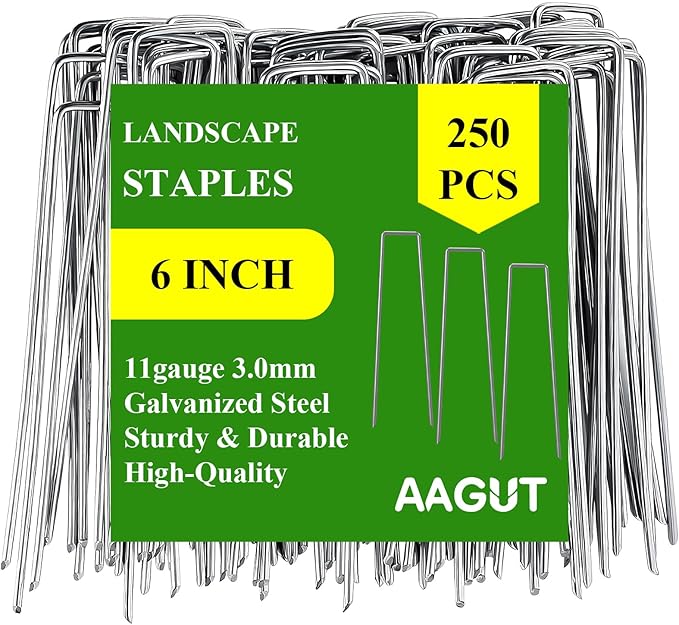 AAGUT Garden Stakes Pins, Landscape Staples 250 Pack 6 Inch 11-Gauge Galvanized Lawn Stake for Dog Fence, Weed Barrier Fabric, Ground Cover, Irrigation Tubing Soaker Hose, Chicken Wire
