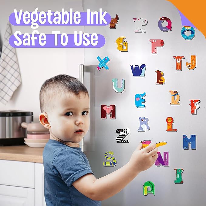 Magnetic Uppercase Letters, 26 Pieces Letter Magnets Educational Learning Tool Alphabet and Animal Recognition for Kids Toddlers 3 4 5 Years Old