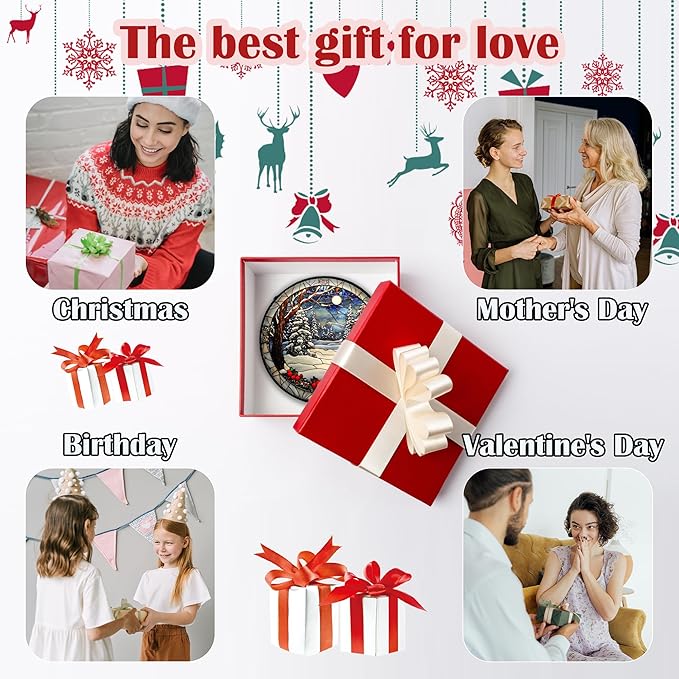 Stained Glass Window Hanging Christmas Tree Winter Snow Night Scenery Large 14.9" - Suncatcher Door Garden Kitchen Sun Catcher Home Decor Birthday for Mom Men Woman Friend