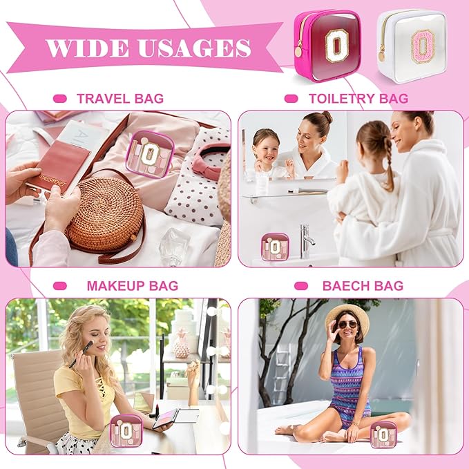 Personalized Initial Letter Clear Preppy Makeup Bag, Mini Nylon Chenille Letter Cosmetic Bag Cute Zipper Pouch Coin Purse for Teen Girls, Portable TSA Approved Travel Essentials Bag Gift for Women, O