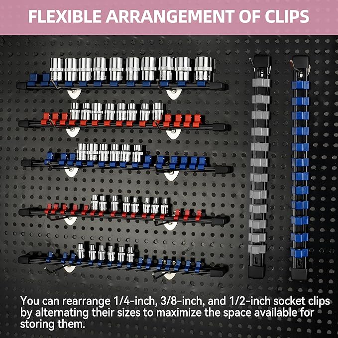 12-Piece Socket Organizer Set - 1/4-Inch x 64 Clips, 3/8-Inch x 60 Clips, 1/2-Inch x 48 Clips, Heavy Duty ABS Socket Holder, Premium Quality Socket Clip Rail Holder for Tool Box Drawer