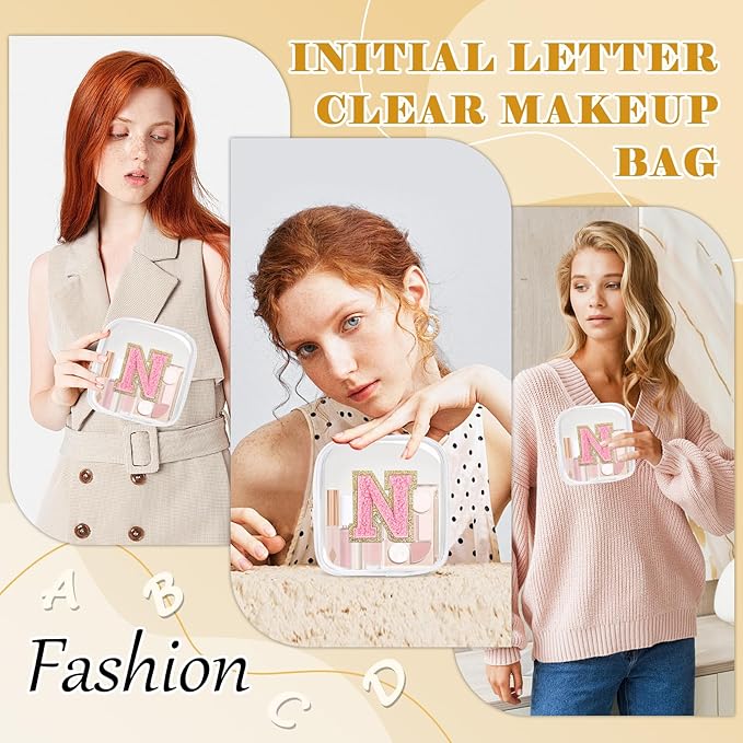 Personalized Initial Letter Clear Preppy Makeup Bag,Mini Nylon Chenille Letter Cosmetic Bag Cute Zipper Pouch Purse for Teen Girls,Portable TSA Approved Beach Travel Essentials Bag Gift for Women,N