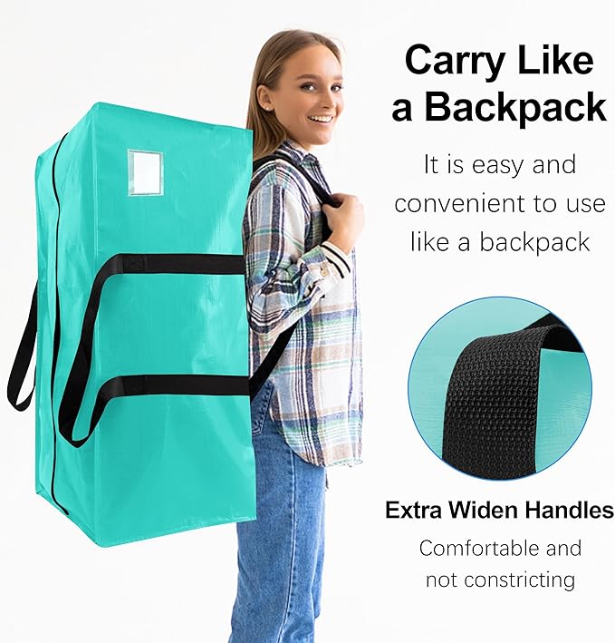 VELVETSURE 12 Pack Heavy Duty Large Moving Bags W/Backpack Straps - Strong Handles & Zippers, Storage Totes For Space Saving, Fold Flat, Alternative to Moving Box and Storage Bin, Aquamarine