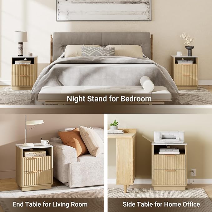 Fluted Nightstand with Charging Station, 18" Modern Night Stand with Faux Marble Top, 2 Drawers End Table with Storage, Bedside Table for Bedroom Living Room, Curved Profile (Natural Oak)