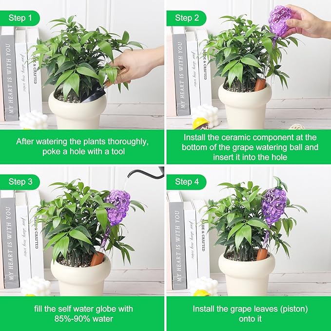 Yurucenus Plant Watering Globes, Grape Shape Self Watering Globes, Plant Watering Devices, 3PCS Purple+Green Color Clear Glass Bulbs Self Watering Planter Insert