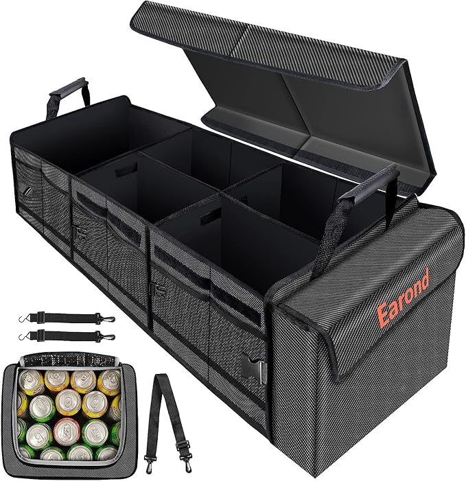 EAROND Large Trunk Organizer with Portable Leakproof Cooler Bag, Foldable Cover, Adjustable Securing Straps, Collapsible Trunk Organizer for SUV Car Truck Sedan (4-in-1 with Cooler)