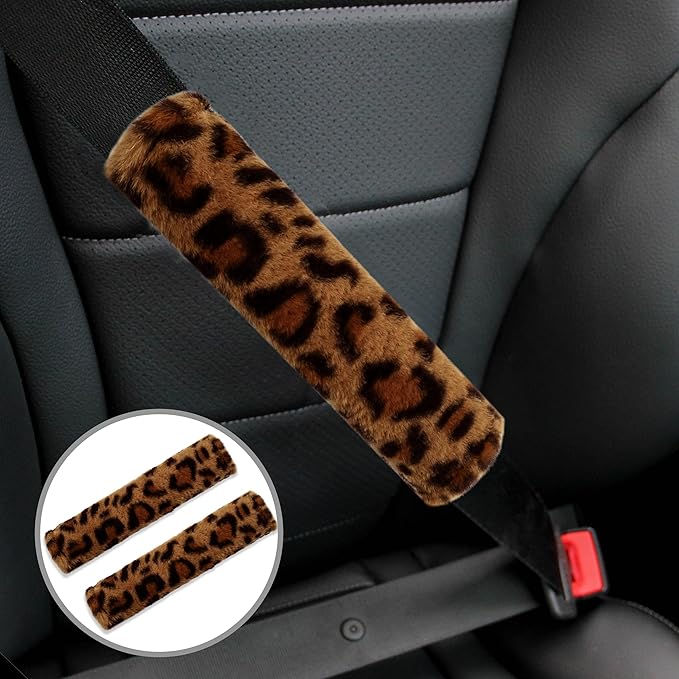Amooca Soft Faux Fur Universal Fit Seatbelt Cover Car Truck SUV Airplane Seat Belt Shoulder Pad for Carmera Backpack Straps Neck Cushion Protector 2 Pack 10.5in Brown Leopard