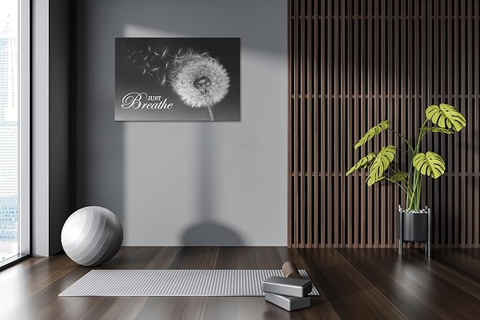 SKASNFAI Just Breathe Wall Art Zen Office Wall Decor Inspirational Yoga Quotes Positive Relax Artwork Picture Black and White Dandelion Posters Print for Meditation Room (28L x 44W)