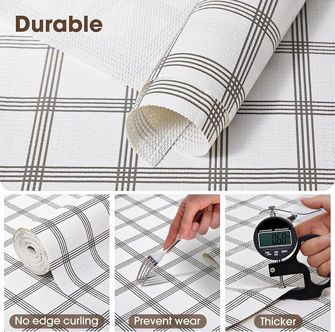 Drawer and Shelf Liner, Non-Slip Kitchen Cabinet Liners Non-Adhesive Thick Strong Grip Waterproof Washable Mats Protect Dresser Shelves Cupboard Bathroom Cabinets, White Stripes, 12 in X 20 FT