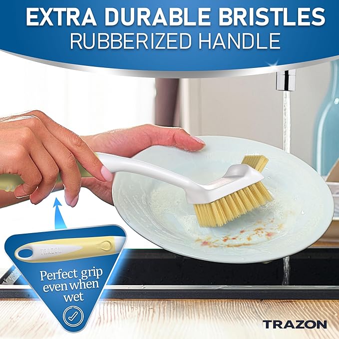 Dish Brush Set of 5 with Holder - Kitchen Scrub Brushes with Non-Slip Long Handle for Cleaning, Scrubber, Dishwashing, Dishes, Bottles, Straws, Cups, Pots & Sink, Beige