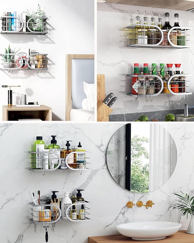 Shower Caddy No Drill Wall Mounted 304 Stainless Steel Durable Large Capacity Adhesive Shower Rack Organiser Quick Dry Rustproof Bathroom Storage Shelves - 2 Pack (Silver)