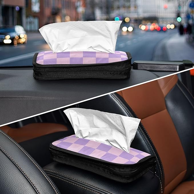 Car Tissue Holder Car Napkin Holder Car Tissue Box Dispenser Storage Case Sun Visor Mask Holder with Adjustable Straps Reusable Refillable Checkered Purple