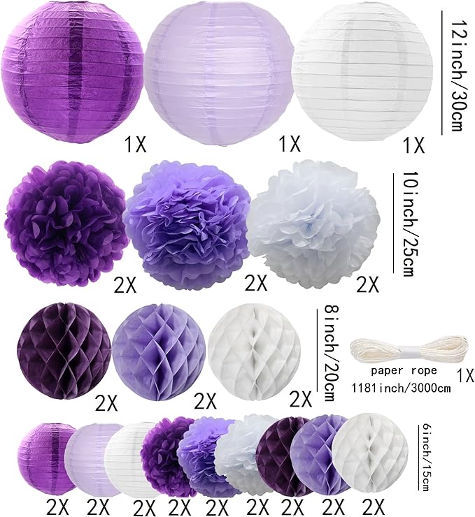 WOLHOWLTD Lavender White Paper Decoration Set - 33Pcs Paper Lanterns Pompoms Honeycomb for Wedding,Engagement,Mermaid Theme,Mother's Day,Bridal Shower,Birthday Home Garden Decoration(Purple White)