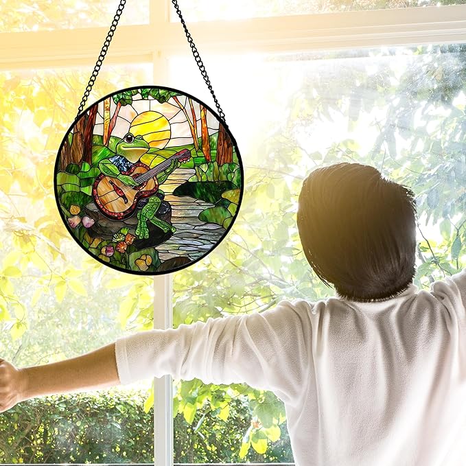 Stained Glass Window Hanging, Frog Playing Guitar Suncatcher Diamond Glass Panel Funny Sun Catchers Decor for Birthday for Women, Men, Wife, Aunt, and Mom 9.8 in