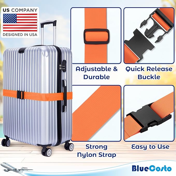 Luggage Straps for Suitcases - TSA Approved - Mixed Colors, 4 PK - Premium Nylon Belts for Suitcase, Briefcase & Travel Bag - Adjustable Strap Length 46" - 78"