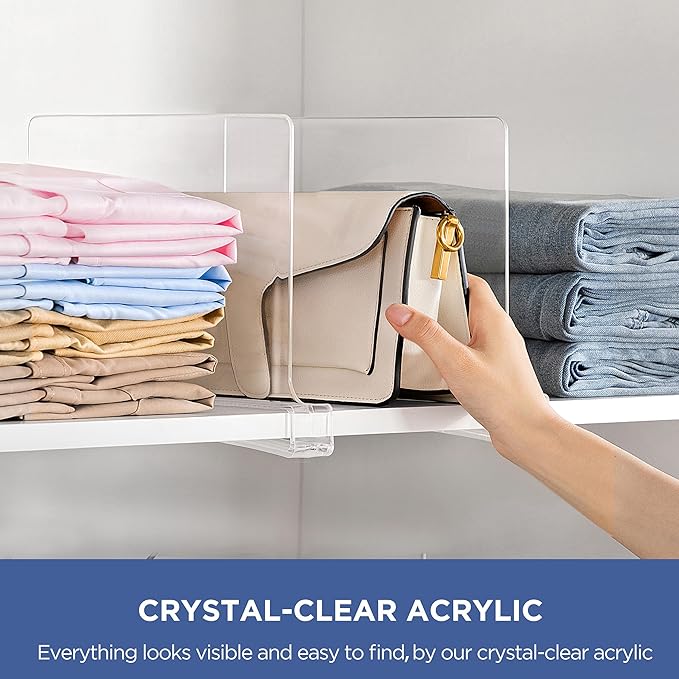 HBlife 3 Pack Clear Shelf Dividers, Vertical Purse Organizer for Closet Perfect for Sweater, Shirts, Handbags in Bedroom and Kitchen, Adjustable Acrylic Bookshelf for Organization