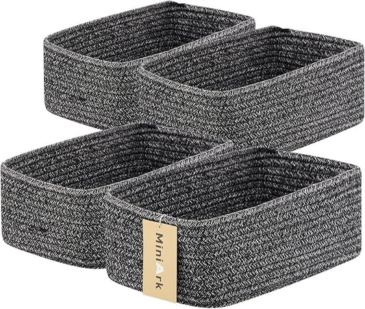 MiniArk Small Storage Baskets for Organizing | Closet Organizer Bins | Shelf Toy Basket | Woven Rope Baskets | Cube Decorative Box | Shallow Basket | 11.5x7.5x4.7” | 4 Packs Dark Gray
