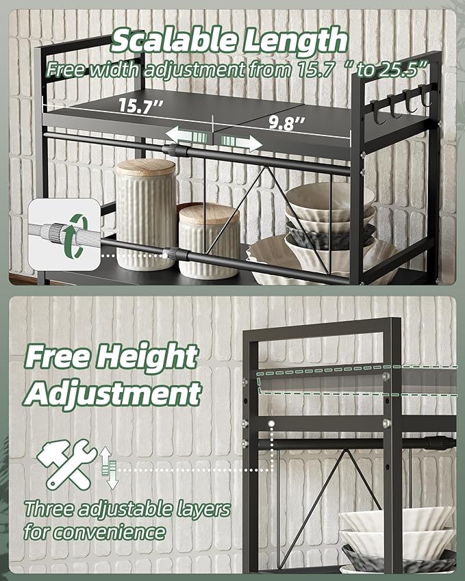 NETEL 2 Pcs Expandable Microwave Stand, 2-Tier Metal Kitchen Countertop Organizer Shelves with 8 Hooks, Bakers Rack, Microwave Shelf, Microwave Oven Rack, 55lbs Weight Capacity