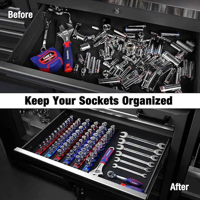 WORKPRO Magnetic Socket Organizer, 3/8-Inch Drive Aluminum Alloy Socket Rail, Heavy Duty Socket Holder, Socket Rack Kit 3/8-Inch x 10 Clips (Blue)