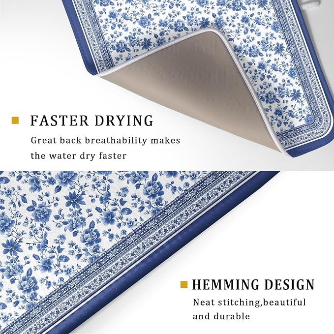 Blue Floral Branches Dish Drying Mat for Kitchen Counter Chinoiserie Pattern Dish Drying Pad 18x24 In Absorbent Vintage Flowers Decor Dishes Drainer Pad Dish Dry Rack Mat for Counter Coffee Bar