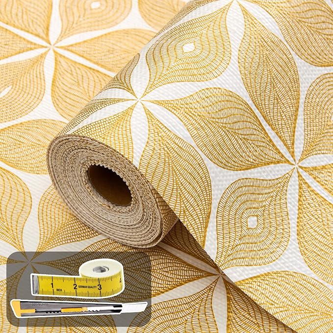 Shelf Liners for Kitchen Cabinets 23.62in x 20FT, Non-Adhesive Cabinet Liner, Strong Non-Slip Golden Leaf Drawer Liner, Easy to Clean for Shelf, Cabinet with Knife and Tape Measure