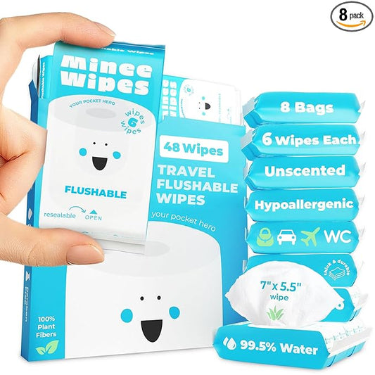Impossibly Compact Travel Flushable Wipes - 99.5% Water and Aloe - Safe for Sensitive Skin & Hypoallergenic - Travel Essentials for Adults & Kids, Unscented, 8 Pack 48 Wipes