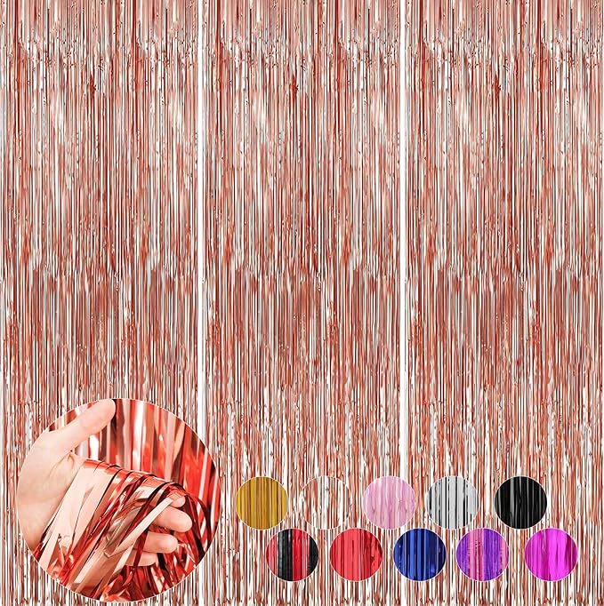 3 Pack Rose Gold Foil Fringe Curtains Streamers Party Decorations 3.3 x 8.2 ft, Tinsel Curtain Fringe Backdrop for Parties, Door Fringe Birthday Streamers, Photo Booth Backdrops, Party Decor
