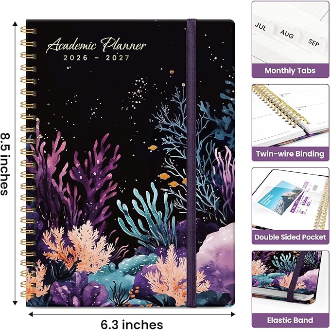 Planner 2026-2027, Academic Monthly and Weekly Calendar Planner for Women, July 2026 - June 2027, Hardcover Pretty Agenda Planner Book with Tabs, Spiral Daily Organizer for School Office Home Supplies, 6.3" x 8.5" - Coral Dream