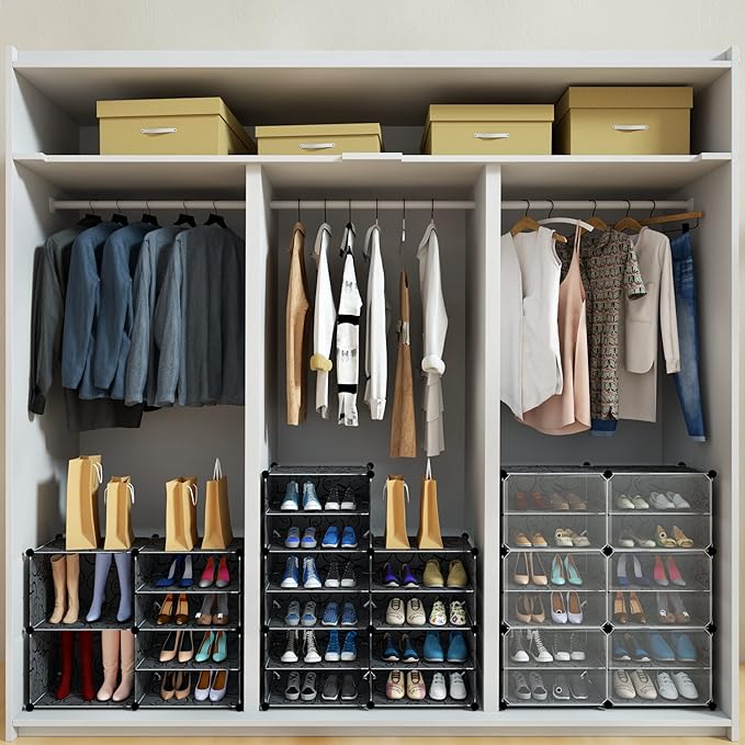 HOMICKER Shoe Rack Organizer, 32 Pair Shoe Storage Cabinet with Door, Expandable Plastic Shoe Shelves for Closet, Heels, Boots, Slippers, 8 Tier