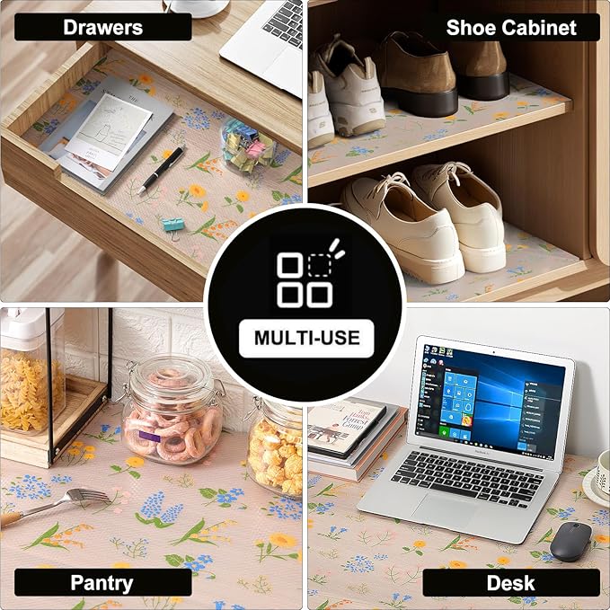 INNOLITES Shelf Liners for Kitchen Cabinets Non-Adhesive Drawer Liner with Floral, Waterproof Durable Easy to Clean, for Refrigerator, Shelves (Colorful Floral, 11.8" x 240")