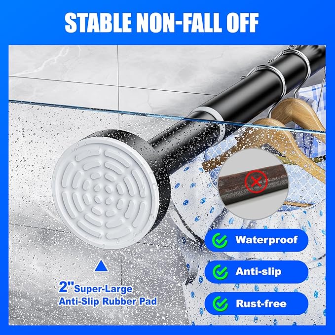 Ausemku Shower Curtain Rod - 32-104 Inch Rustproof Tension Rod, Non-Slip Spring Design, No Drilling Adjustable Curtain Rod for Bathroom, Kitchen, and Closet (Black)