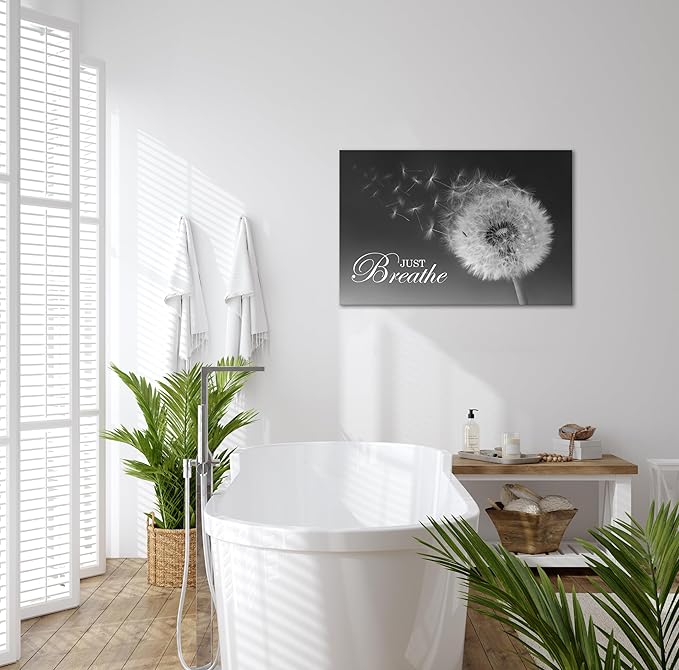 SKASNFAI Just Breathe Wall Art Zen Office Wall Decor Inspirational Yoga Quotes Positive Relax Artwork Picture Black and White Dandelion Posters Print for Meditation Room (12L x 16W)