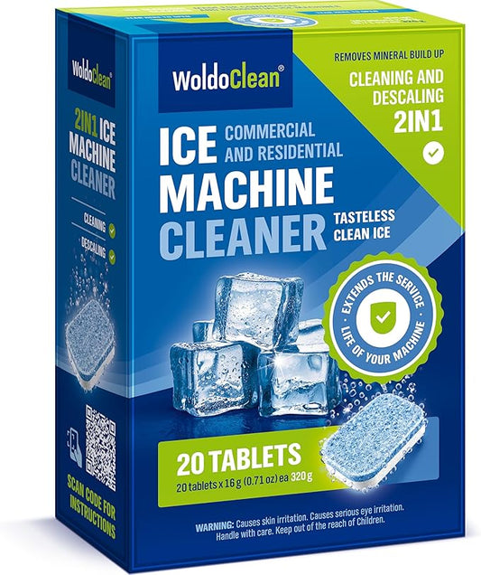 WoldoClean Ice Machine Cleaner Tablets 20 Count - 2in1 Descaler, Extra Strength 16g Dual Action for Countertop, Nugget, Portable and Commercial Makers, Nickel