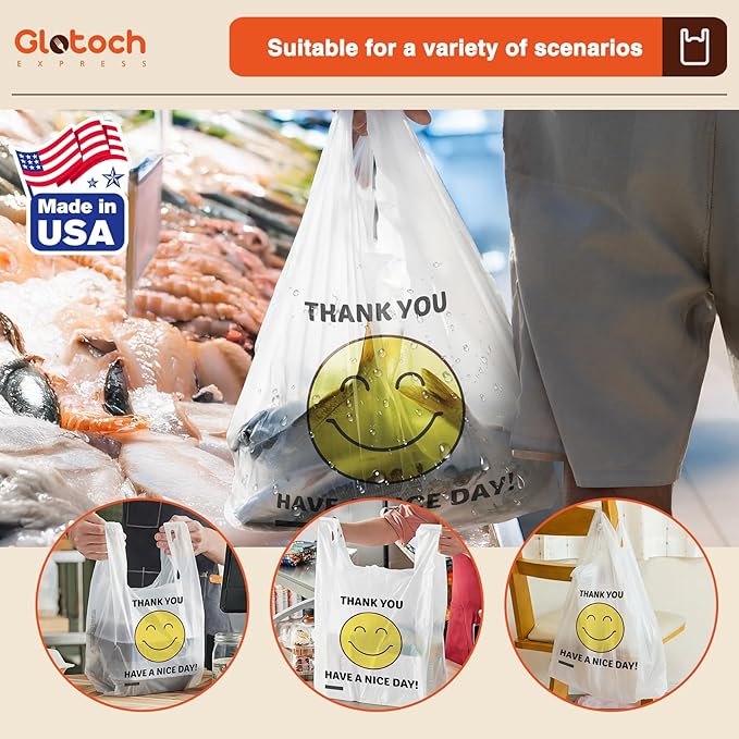 Glotoch 1000 Count Plastic Thank You T-shirt Bags Smile Face, 11.5 x 6.5x 21" HAVE A NICE DAY Grocery Shopping Gift Bag with Handle for Restaurant, Retail, Takeout, Convenience Store, in Bulk Business