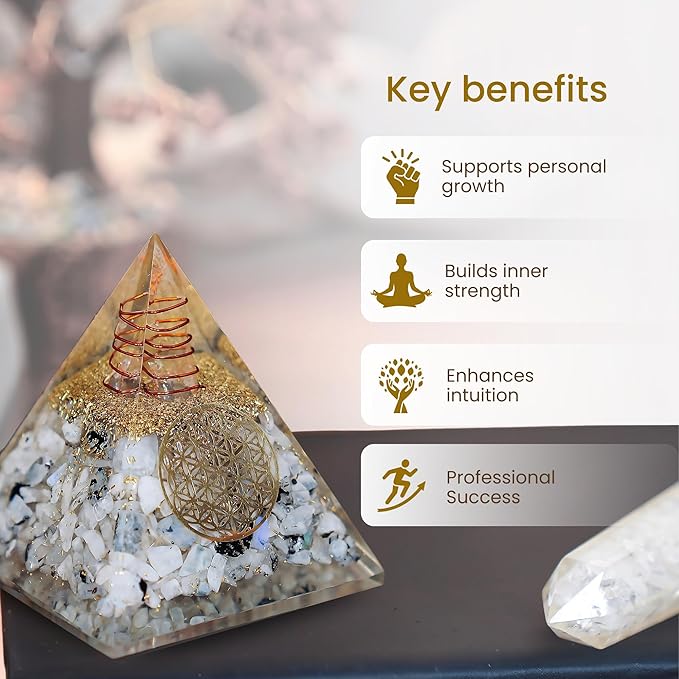 Rainbow Moonstone Orgone Pyramid – Handcrafted Healing Crystal for Positivity, Strength, Meditation, Yoga, Reiki & Chakra Balancing