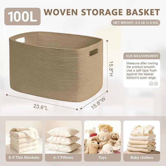 SunNewt 100L Extra Large Wicker Laundry Basket for Living Room Storage, Boho Woven Cotton Rope Baskets for Kids' Toys, Gifts, Square Blanket Hamper for Bedroom Dirty Clothes, Jute