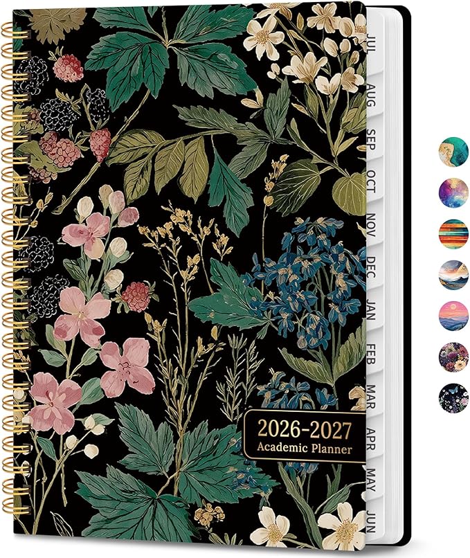 Academic Planner 2026-2027, Weekly and Monthly Calendar Book, July 2026 – June 2027, Hardcover Planner with Tabs, Perfect for Teachers, Students, Women & Men, A5 (6.4" x 8.5") - Forest Botanica