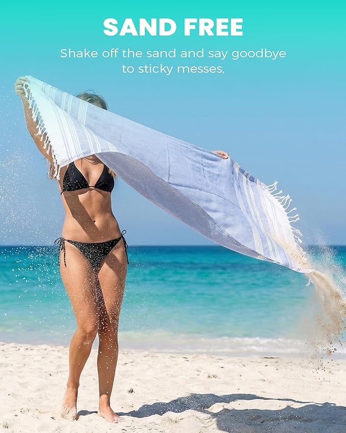 Antfuny Turkish Beach Towels Vacation Essentials Quick Dry Sand Free Soft Absorbent Adult Oversized Bath Pool Swim Long Wide Stripe Towel Sound Cloud Linen Mat Summer Thing Lightweight Thin Blue