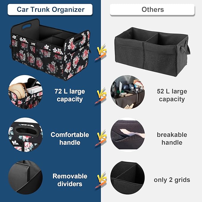 Femuar Car Trunk Organizer, Car Storage Organizer with 72L Large Capacity, Waterproof, Collapsible, and 11 Pockets, Trunk Organizer for Car SUV/Jeep/Sedan, Large Size, Flower