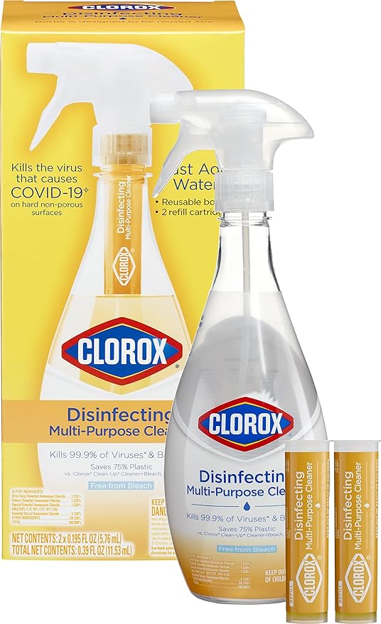 Clorox Disinfecting Multi-Purpose Cleaner Starter Kit, Household Essentials, One Reusable Spray Bottle Plus 2 Refills
